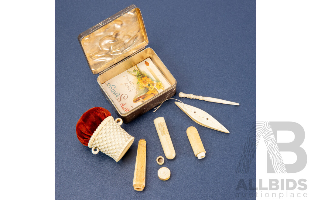 Antique Ivory Crochet & Embroidery Tools with Chinese Trinket Box