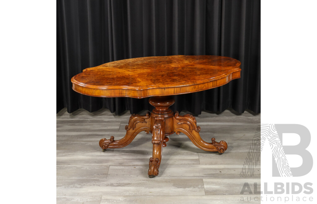 Victorian Burr Walnut Shield Shaped Tilt Top Table