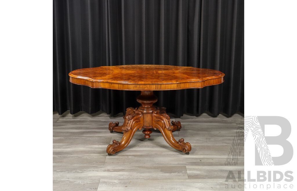 Victorian Burr Walnut Shield Shaped Tilt Top Table