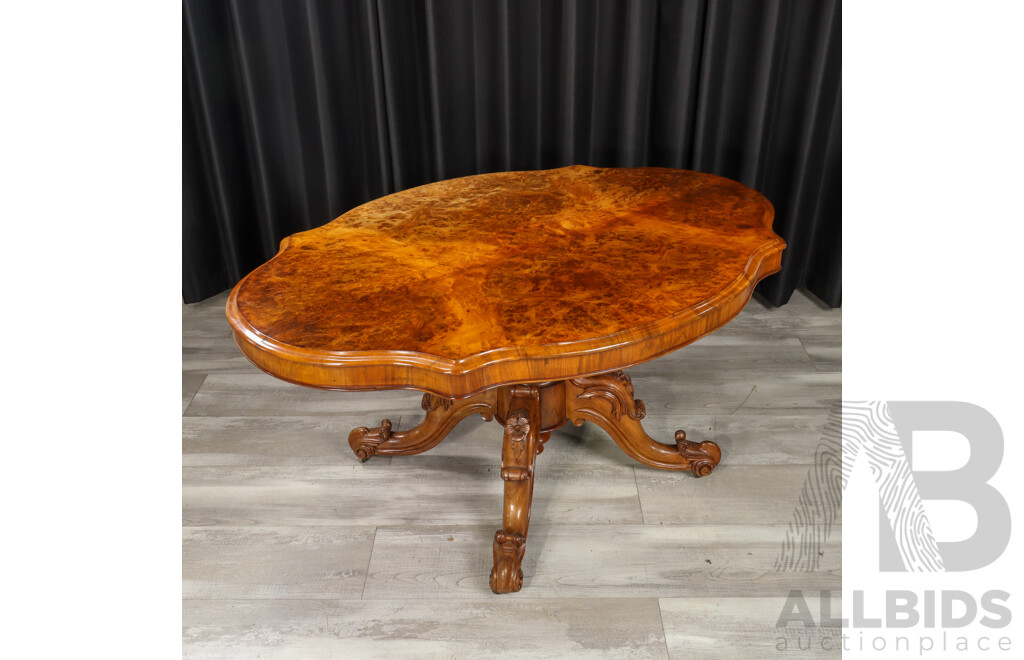 Victorian Burr Walnut Shield Shaped Tilt Top Table