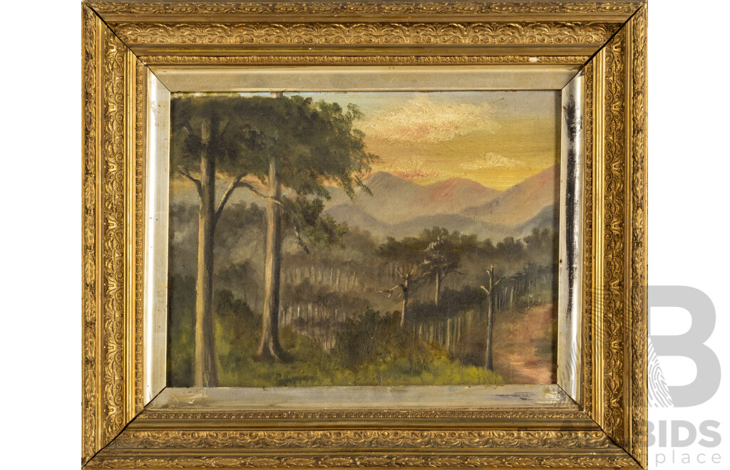 Artist Unknown (Early 20th Century, Australian), Distant Ridges in Muted Light, Original Antique Oil on Board, 35H x 43W cm (frame)