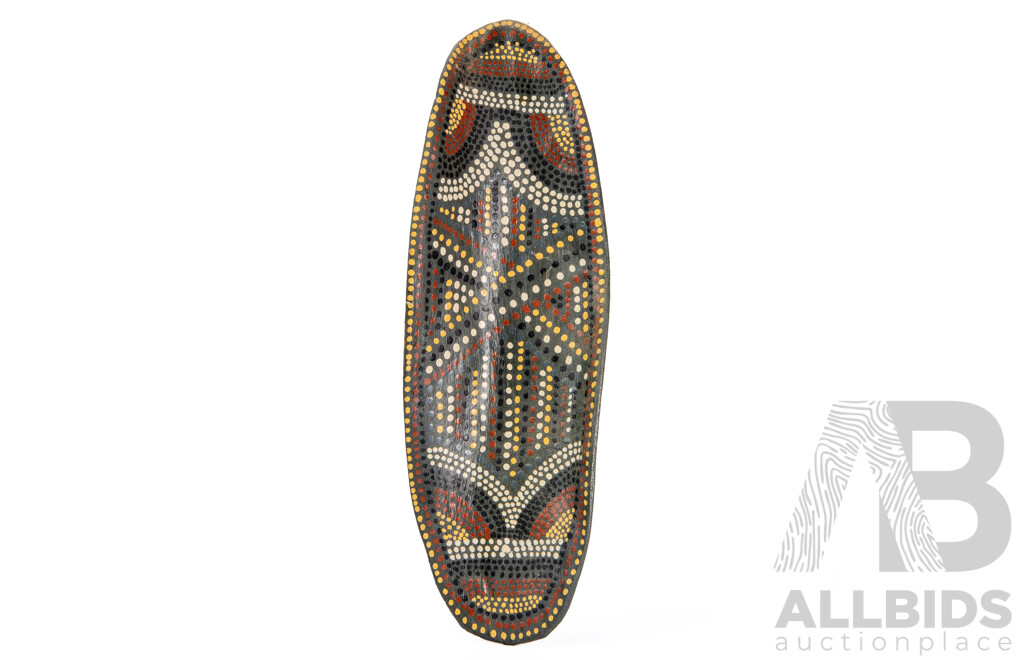 L.McBride (20th Century, Indigneous-Australian), Country, Vintage Natural Pigment on Curved Panel of Stringy Bark, 34 x 11 cm (approx)