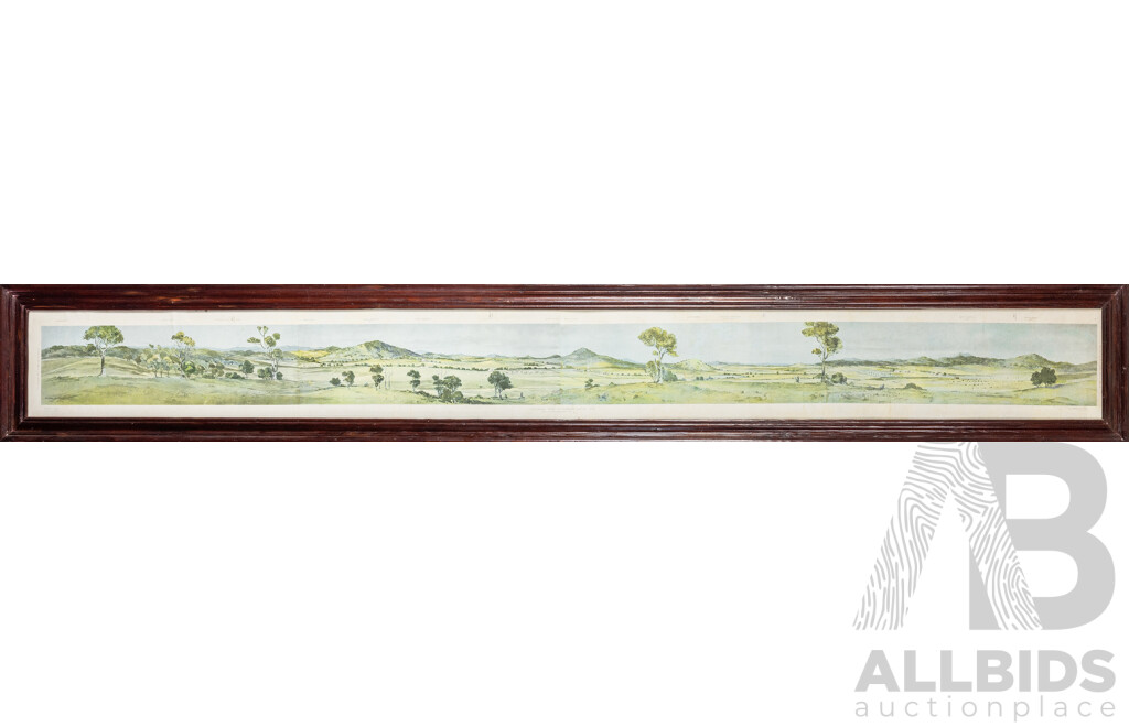 Robert Charles Coulter, (19/20th Centuries, Australian, 1864-1956), Cycloramic View of Canberra Capital Site (View Looking From Camp Hill) (c1911), Wonderful Antique Coloured Lithograph, 34H x 233W cm (frame)