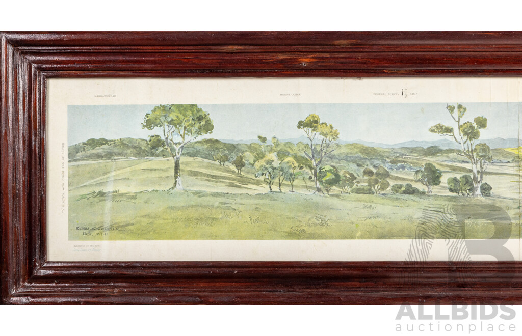 Robert Charles Coulter, (19/20th Centuries, Australian, 1864-1956), Cycloramic View of Canberra Capital Site (View Looking From Camp Hill) (c1911), Wonderful Antique Coloured Lithograph, 34H x 233W cm (frame)