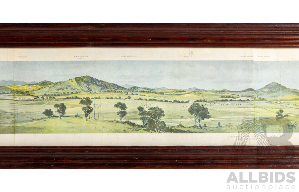Robert Charles Coulter, (19/20th Centuries, Australian, 1864-1956), Cycloramic View of Canberra Capital Site (View Looking From Camp Hill) (c1911), Wonderful Antique Coloured Lithograph, 34H x 233W cm (frame)