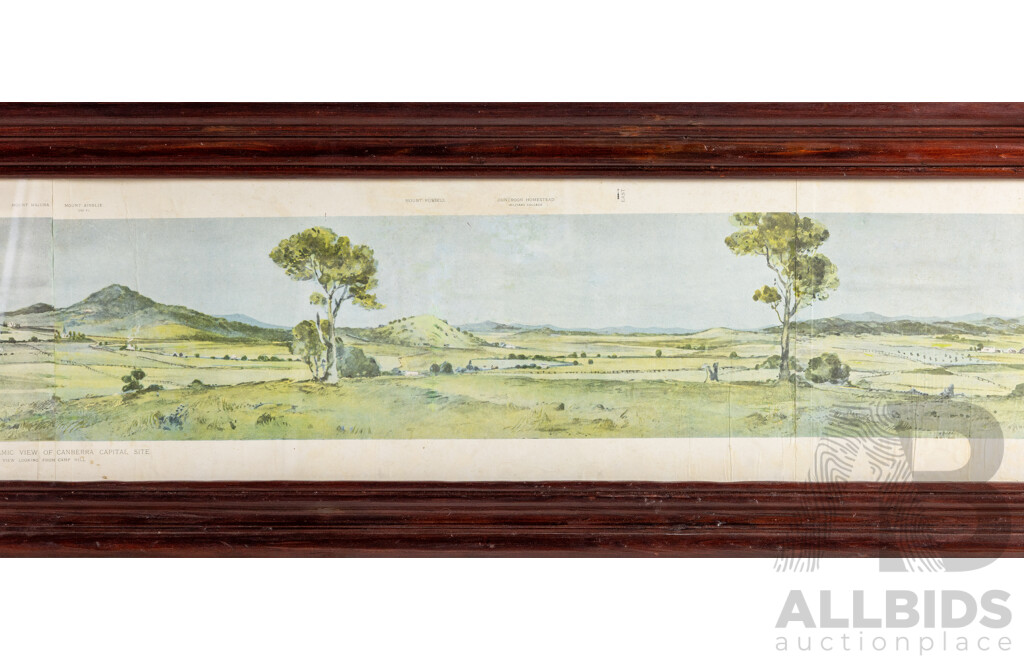 Robert Charles Coulter, (19/20th Centuries, Australian, 1864-1956), Cycloramic View of Canberra Capital Site (View Looking From Camp Hill) (c1911), Wonderful Antique Coloured Lithograph, 34H x 233W cm (frame)