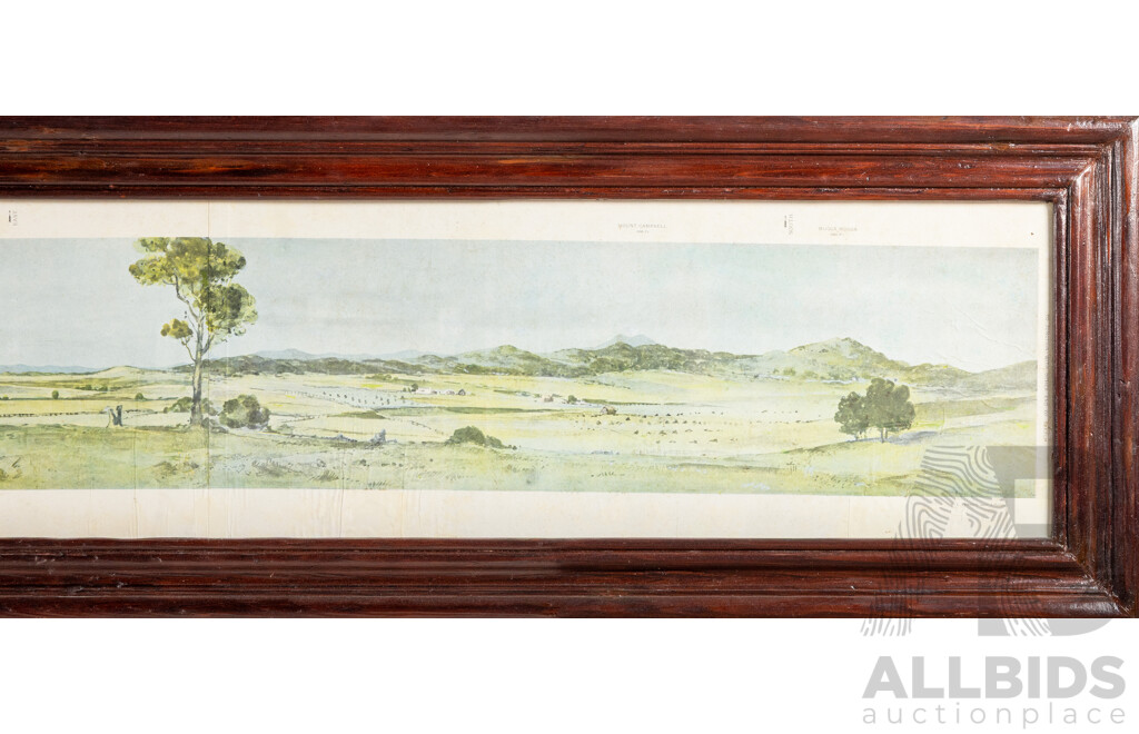 Robert Charles Coulter, (19/20th Centuries, Australian, 1864-1956), Cycloramic View of Canberra Capital Site (View Looking From Camp Hill) (c1911), Wonderful Antique Coloured Lithograph, 34H x 233W cm (frame)
