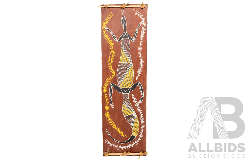 Leslie Narridtl, (20th Century, Indigneous-Australian), Goanna, Vintage Natural Pigment on Panel of Stringy Bark, 51 x 15 cm (approx)