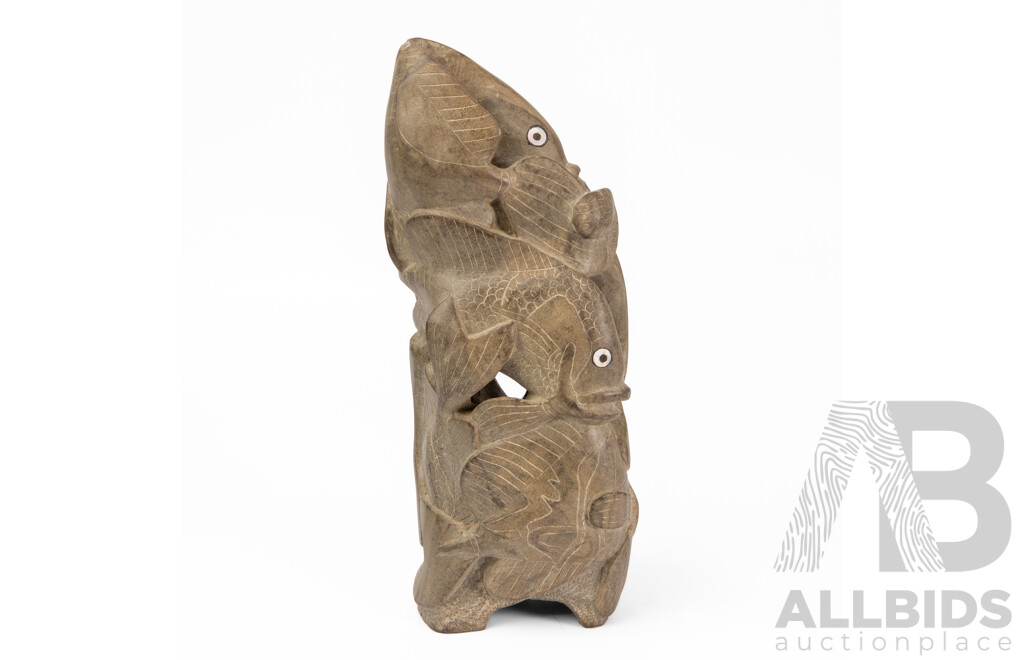 Large Heavily Carved School of Fish with Sea Turtle Totem