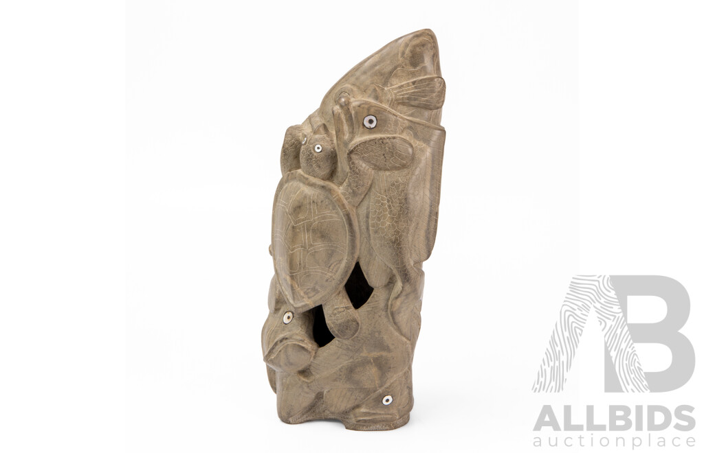 Large Heavily Carved School of Fish with Sea Turtle Totem