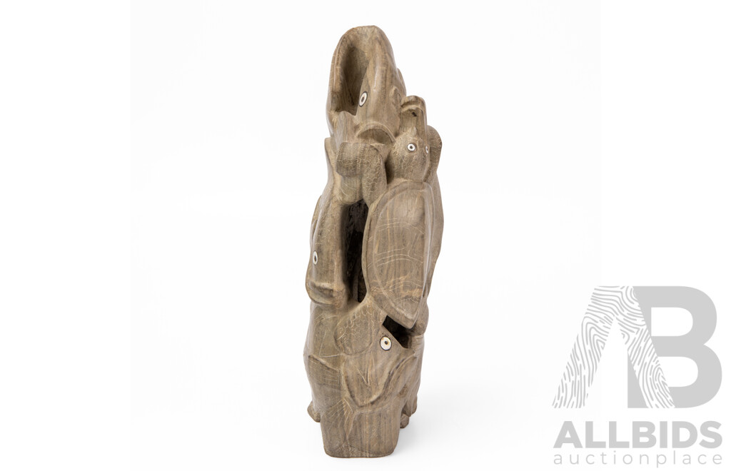 Large Heavily Carved School of Fish with Sea Turtle Totem