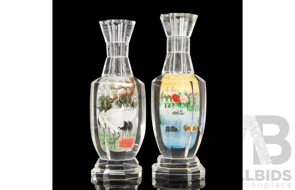 Pair of Chinese Glass Candle Sticks with Painted Landscape Interior