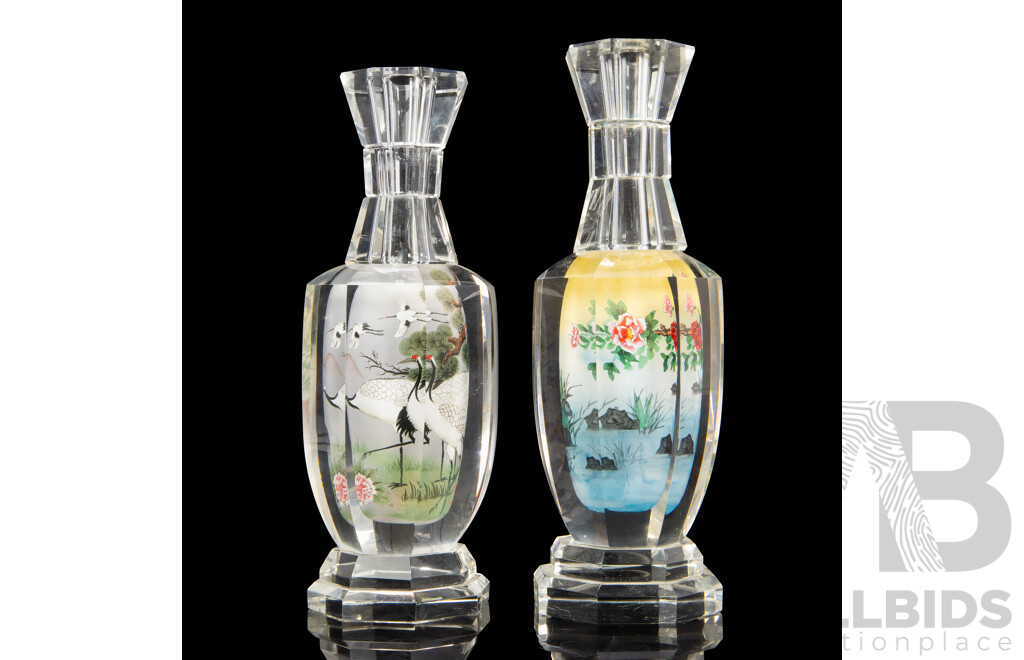 Pair of Chinese Glass Candle Sticks with Painted Landscape Interior