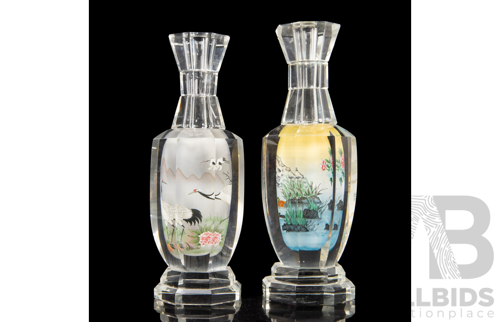 Pair of Chinese Glass Candle Sticks with Painted Landscape Interior