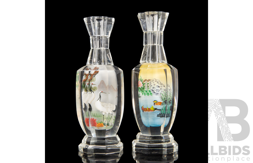 Pair of Chinese Glass Candle Sticks with Painted Landscape Interior