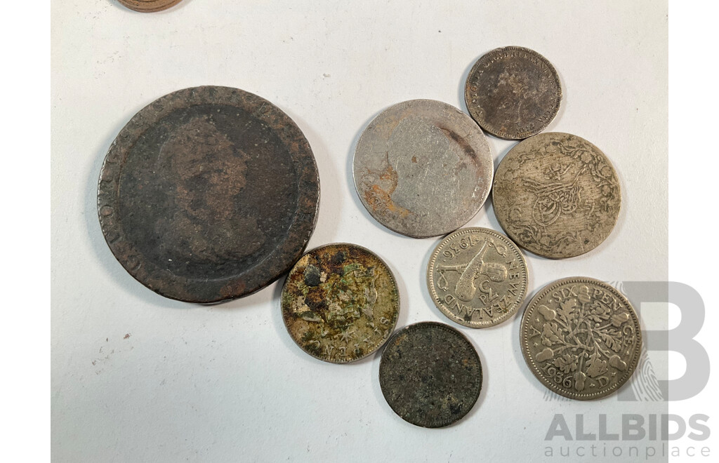 Collection of International Coins Including Silver United Kingdom 1879 Threepence, 1834 Shilling, 1797 KGIII Two Pence Australian QE2 Sixpence, USA, New Zealand, Germany, Canada, China and More - Approximately 1.75 Kilograms