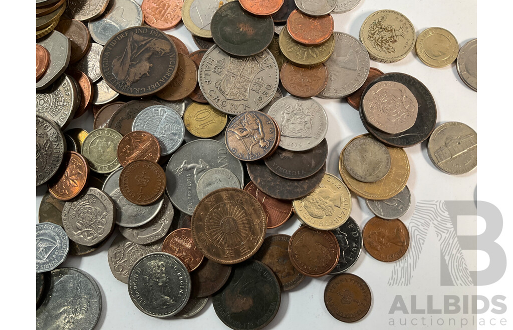 Collection of International Coins Including Silver United Kingdom 1879 Threepence, 1834 Shilling, 1797 KGIII Two Pence Australian QE2 Sixpence, USA, New Zealand, Germany, Canada, China and More - Approximately 1.75 Kilograms