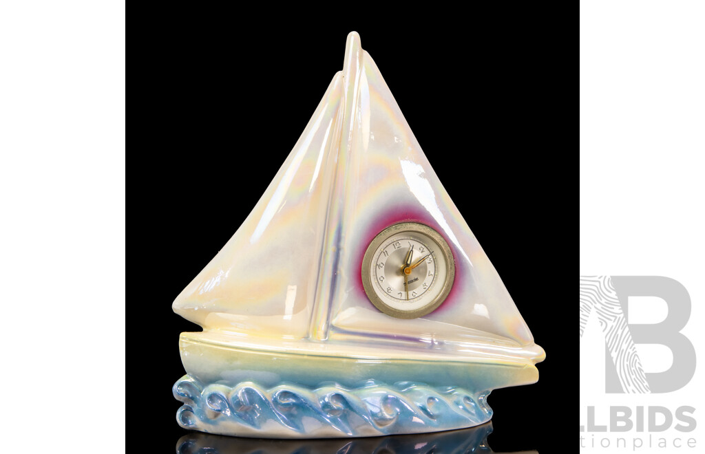 Vintage Iridescent Porcelain Sailing Ship Form Mantle Clock
