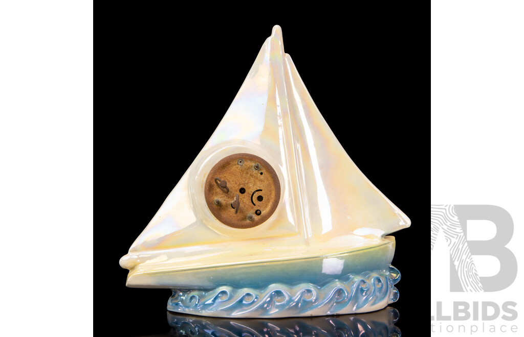 Vintage Iridescent Porcelain Sailing Ship Form Mantle Clock