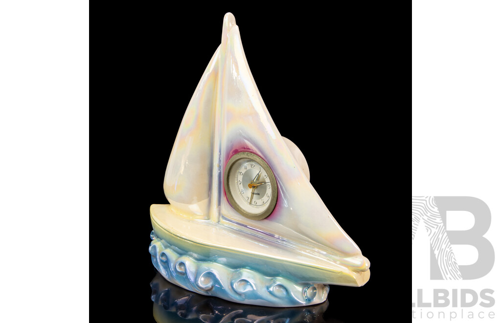 Vintage Iridescent Porcelain Sailing Ship Form Mantle Clock