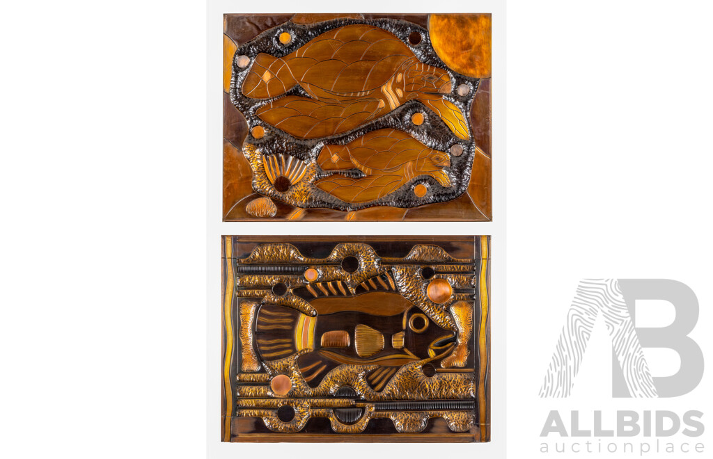 Tony Batten [Copa Guy] (Australian), Fish & Sea Turtles, Pair of Hand-Beaten Copper Relief Wall Panels, 54H × 69W cm (2)
