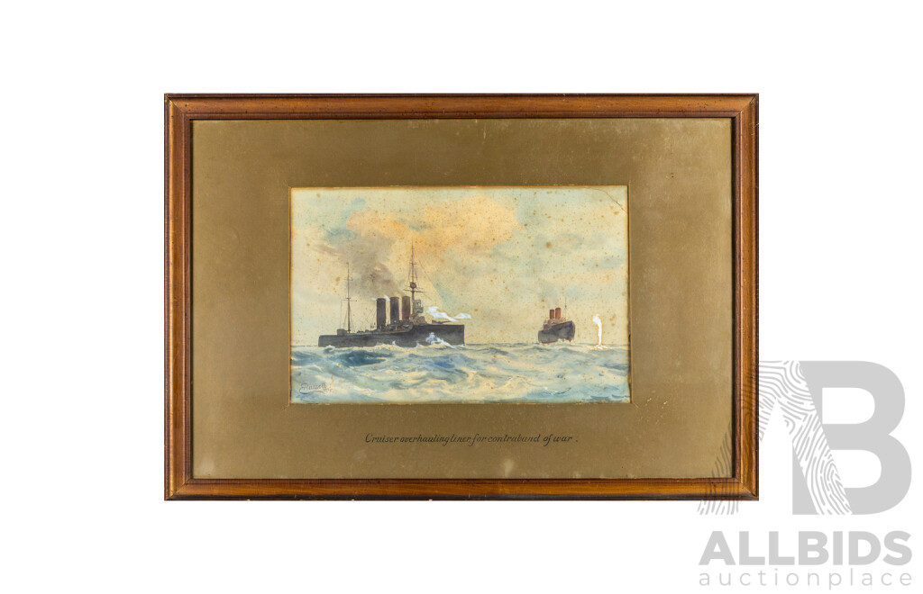 E. Russell (Early 20th Century), Cruiser Overhauling Liner for Contraband of War (1915), Original Antique Watercolour, 57H x 81W cm (frame)