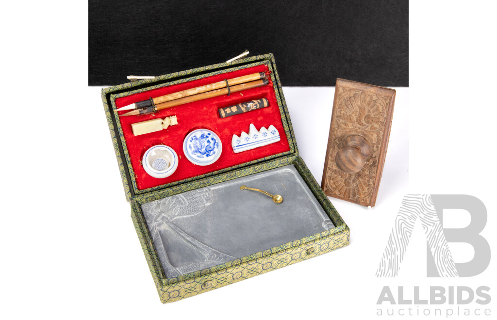 Chinese Calligraphy Set in Fabric Presentation Box - Includes Carved Wooden Ink Blotter and Accessories