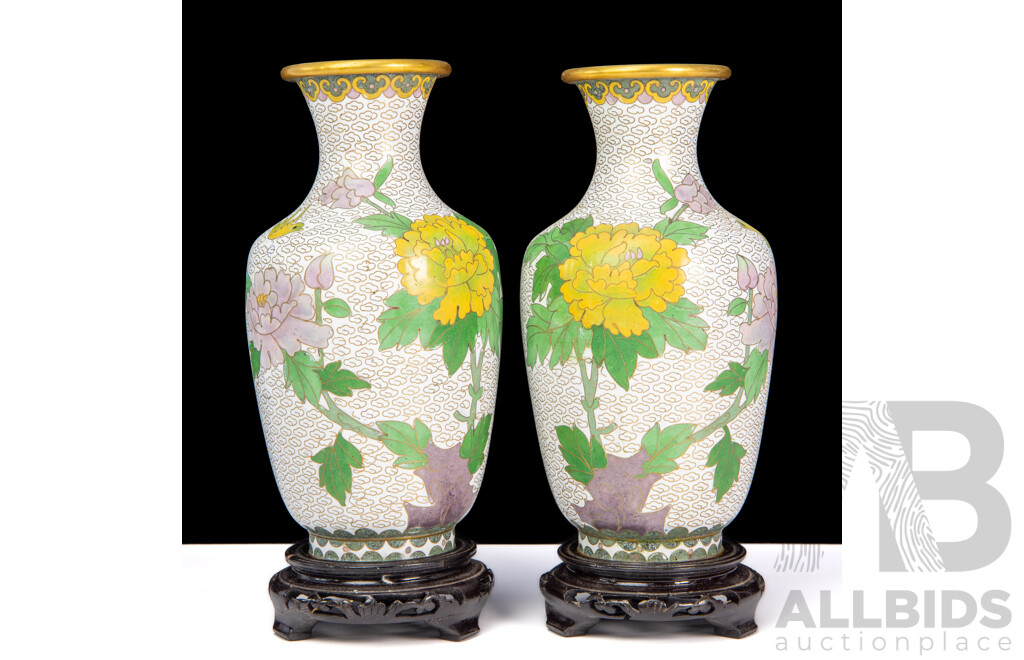 Pair of White Vintage Chinese Cloisonné Enamel Vases with Display Stands