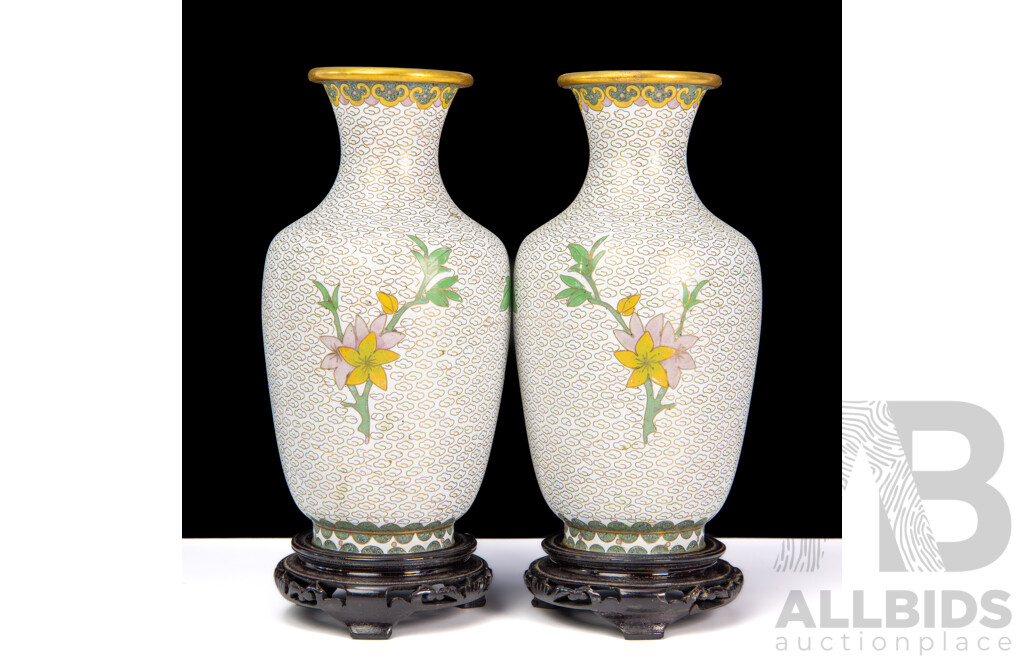 Pair of White Vintage Chinese Cloisonné Enamel Vases with Display Stands