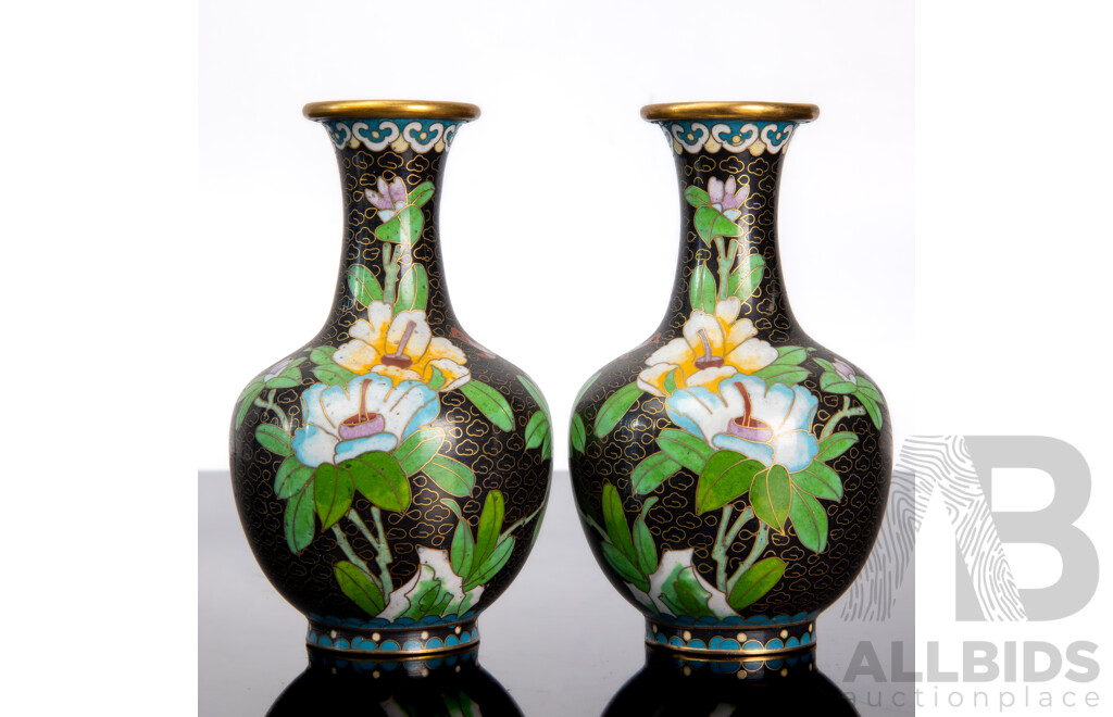 Pair of Black Vintage Chinese Cloisonné Enamel Vases