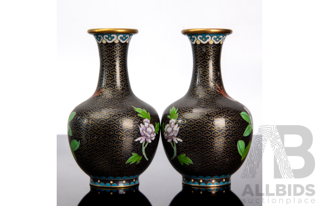 Pair of Black Vintage Chinese Cloisonné Enamel Vases