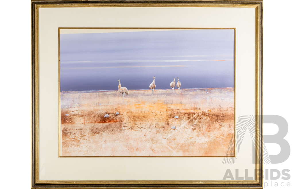Rod Schubert (20th Century, Australian, 1946-) Emus, Wonderful Original Mixed Media Acrylic on Card, 103H x 127W cm (frame)