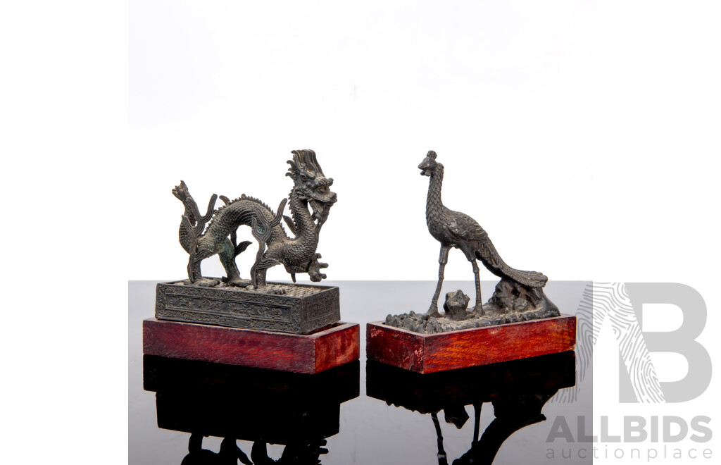 Bronze Three-Clawed Dragon and Peacock Figures on Bases