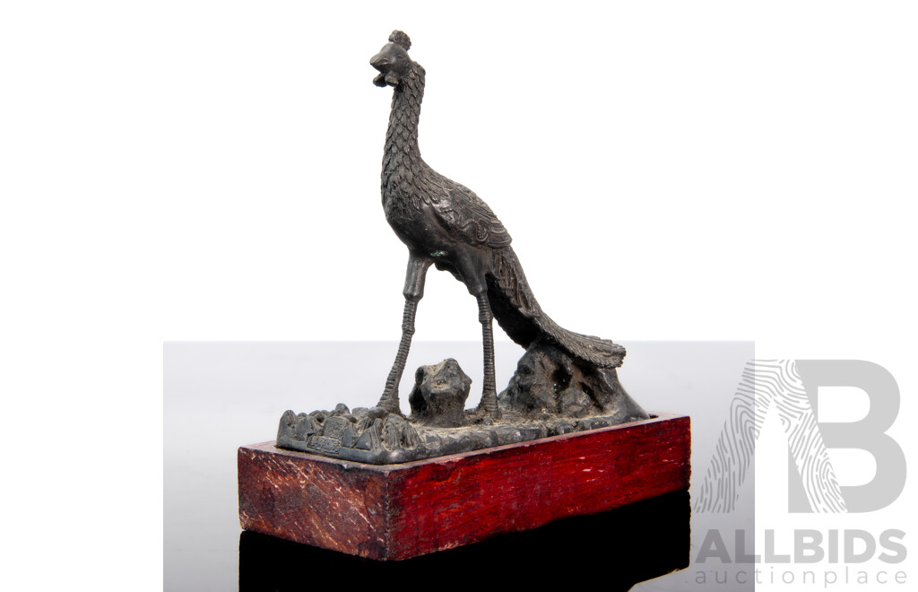 Bronze Three-Clawed Dragon and Peacock Figures on Bases