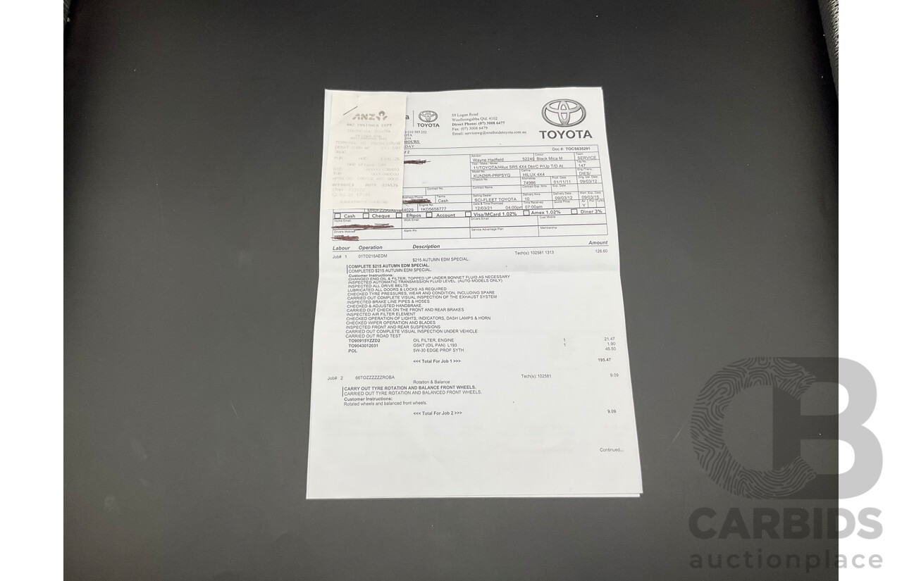 2/2012 Toyota Hilux SR5 (4x4) KUN26R MY12 Dual Cab P/Up Black Mica Turbo Diesel 3.0L