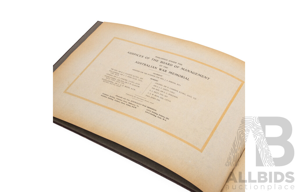Antique Volume 'Australian Chivalry', Reproductions in Colour & Duo-Tone of Official War Paintings (1933), Edited by J.L. Treloar, 29H x 45W X^ 3D cm