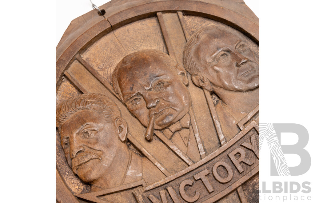 Vintage Wooden Commemorative Allied Leaders Wall Plaque
