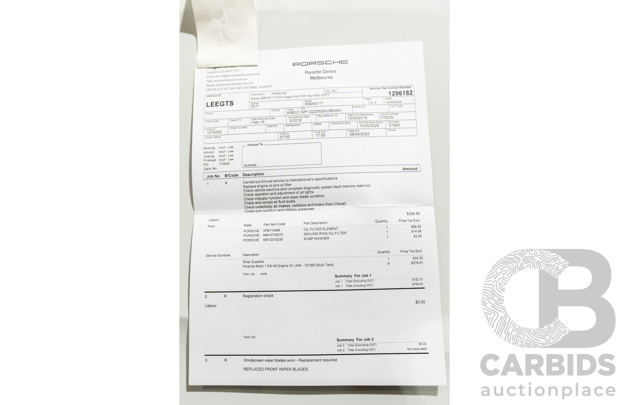 5/2016 Porsche Macan GTS (AWD) 95B MY17 4D Wagon White Twin Turbo V6 3.0L