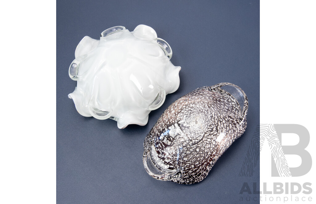 Murano Style Confetti Art Glass Bowl with Ribbon Rim Togeather with Bubble Glass Dish