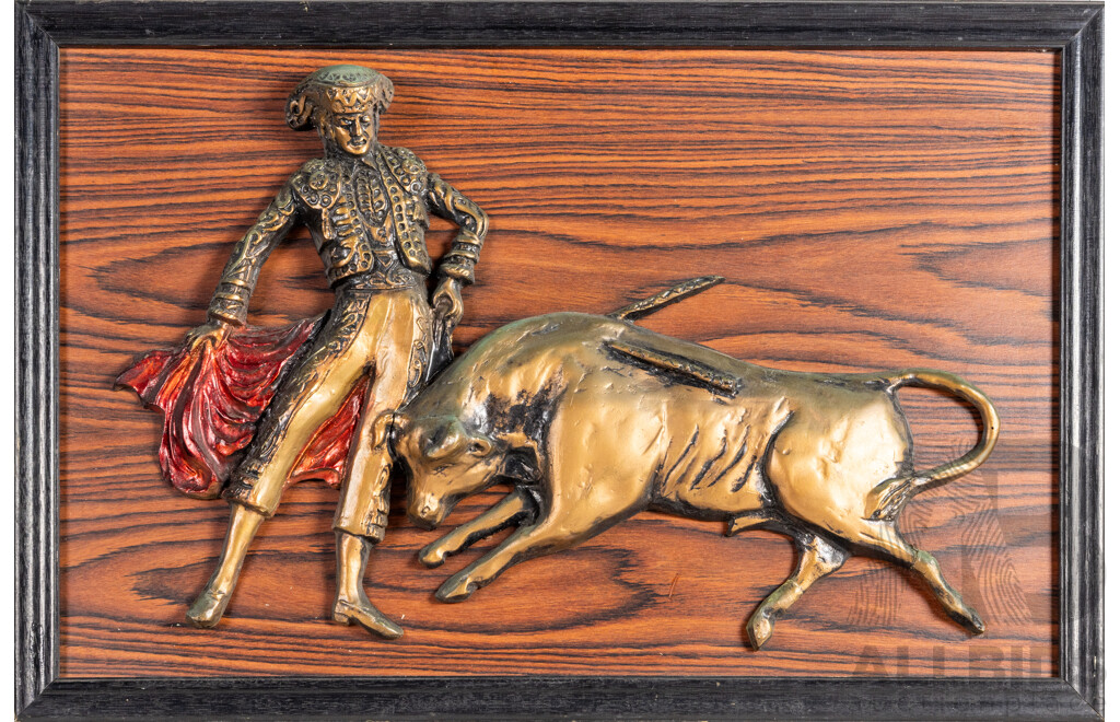 Artist Unknown (20th Century) Matador and Bull, Mid Century Hand Painted Resin Cast, 49H x 74W cm (frame)