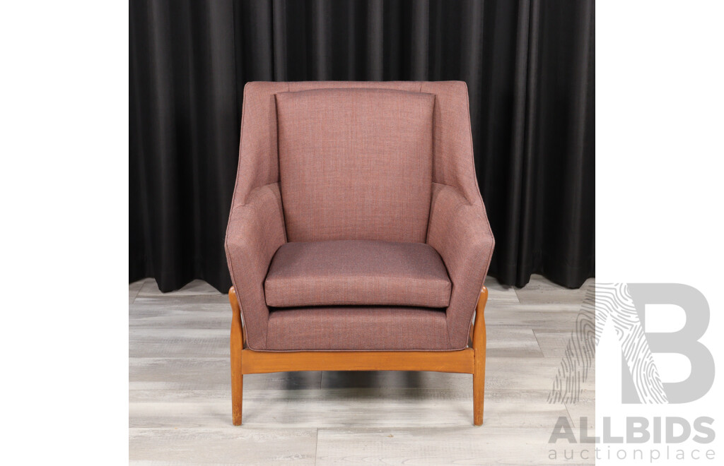 Vintage Upholstered Armchair with Exposed Teak Matchstick Base