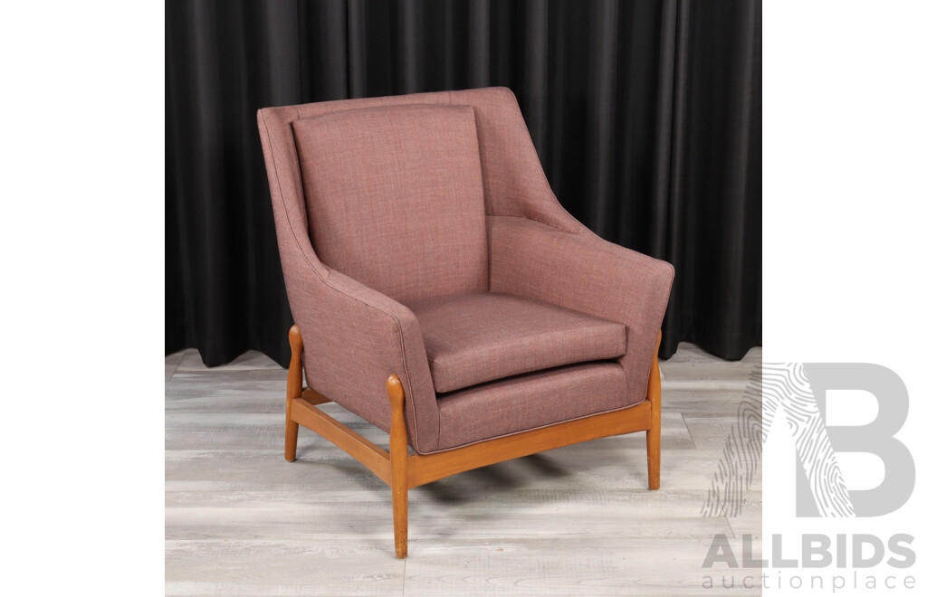 Vintage Upholstered Armchair with Exposed Teak Matchstick Base
