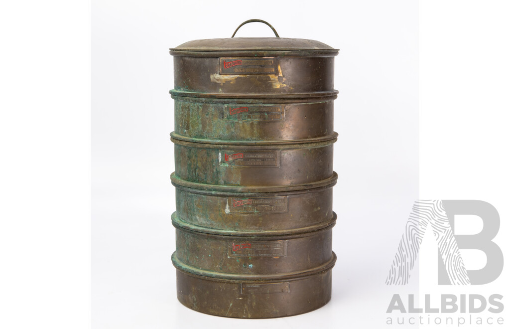 Vintage Greeburn Brass Laboratory Sieve Set with Six Sieves and Lid