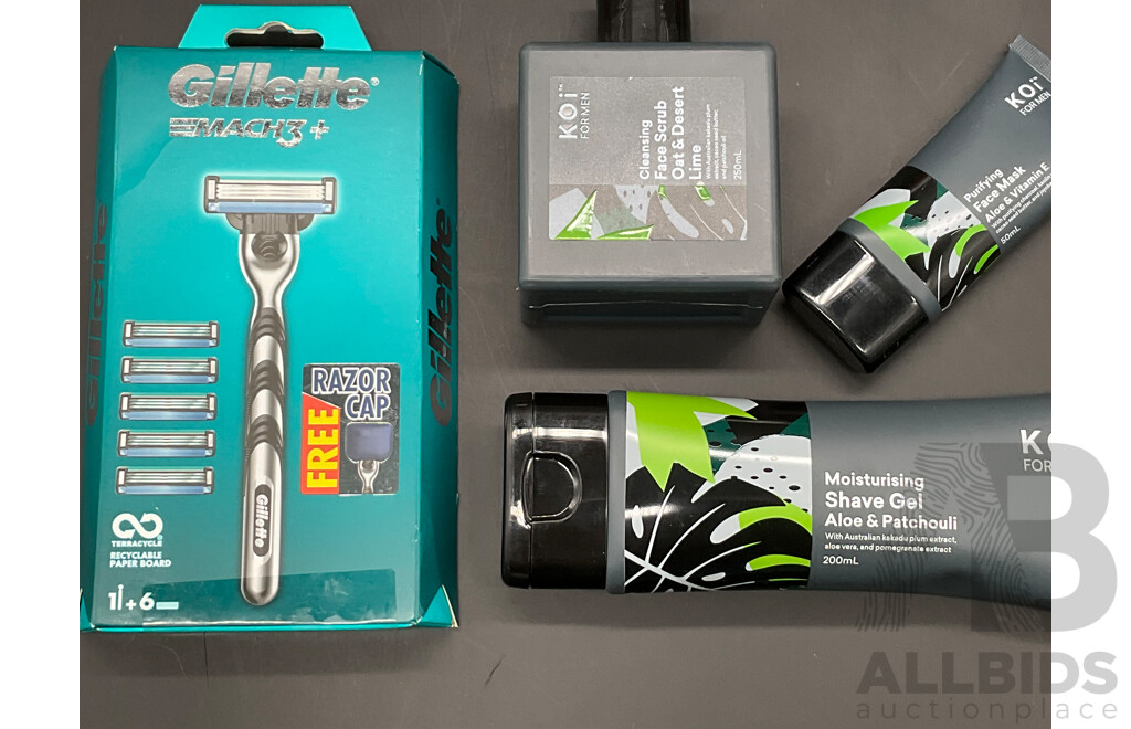 Assorted Men's Cosmetics, Including L'OREAL and KOi Face Wash and Scrub and GILLETTE Mach3+ Handle with Cartridges - Lot of 8