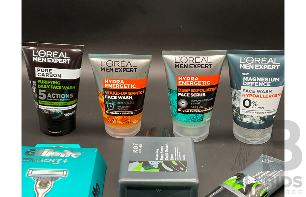 Assorted Men's Cosmetics, Including L'OREAL and KOi Face Wash and Scrub and GILLETTE Mach3+ Handle with Cartridges - Lot of 8