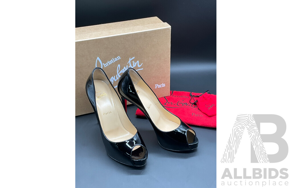 ''New Very Prive 120 Patent'' Platform Pumps in Black Leather Branded CHRISTIAN LOUBOUTIN