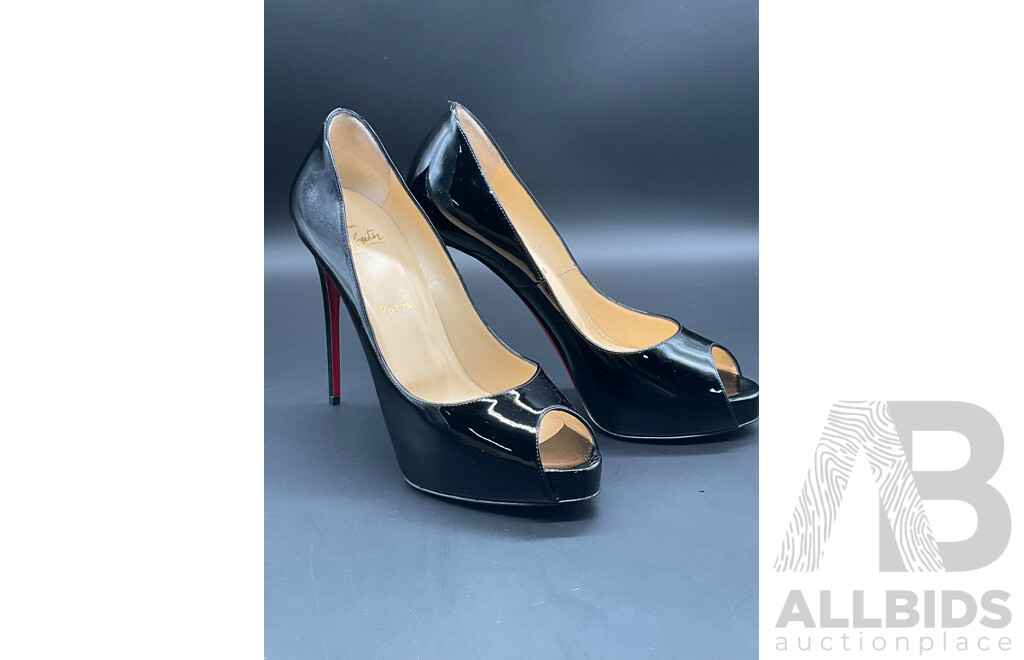 ''New Very Prive 120 Patent'' Platform Pumps in Black Leather Branded CHRISTIAN LOUBOUTIN
