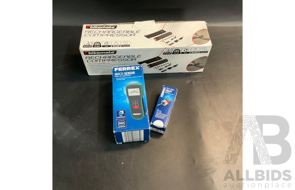 Bikemate Rechargeable Compressor & Ferrex Multi-Sensor and Tct-Cut-Smart Drill Part - Lot of 3