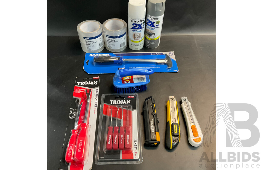 Assorted Hand Tools & Anko Packing Tape & 2 Cans of Spray Paint