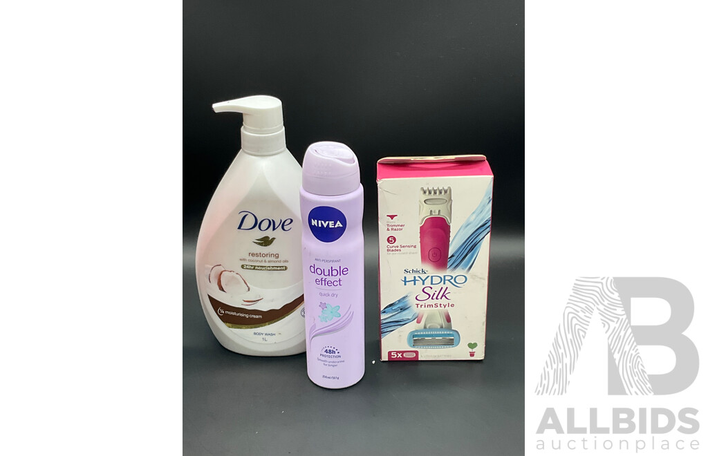 Assorted Cosmetics, Including COLGATE Electric Tooth Brush and Whitening Kit, SCHICK Hydro Silk Trimmer and Razor and More - Lot of 6